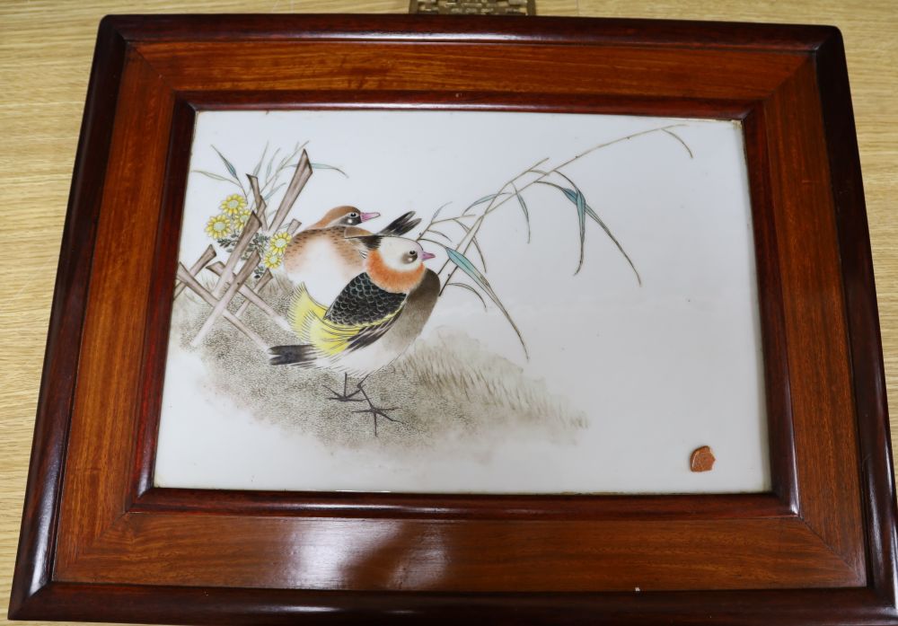 A 20th century Chinese porcelain plaque painted with birds, flowers and bamboo 25cm x 37.5cm
